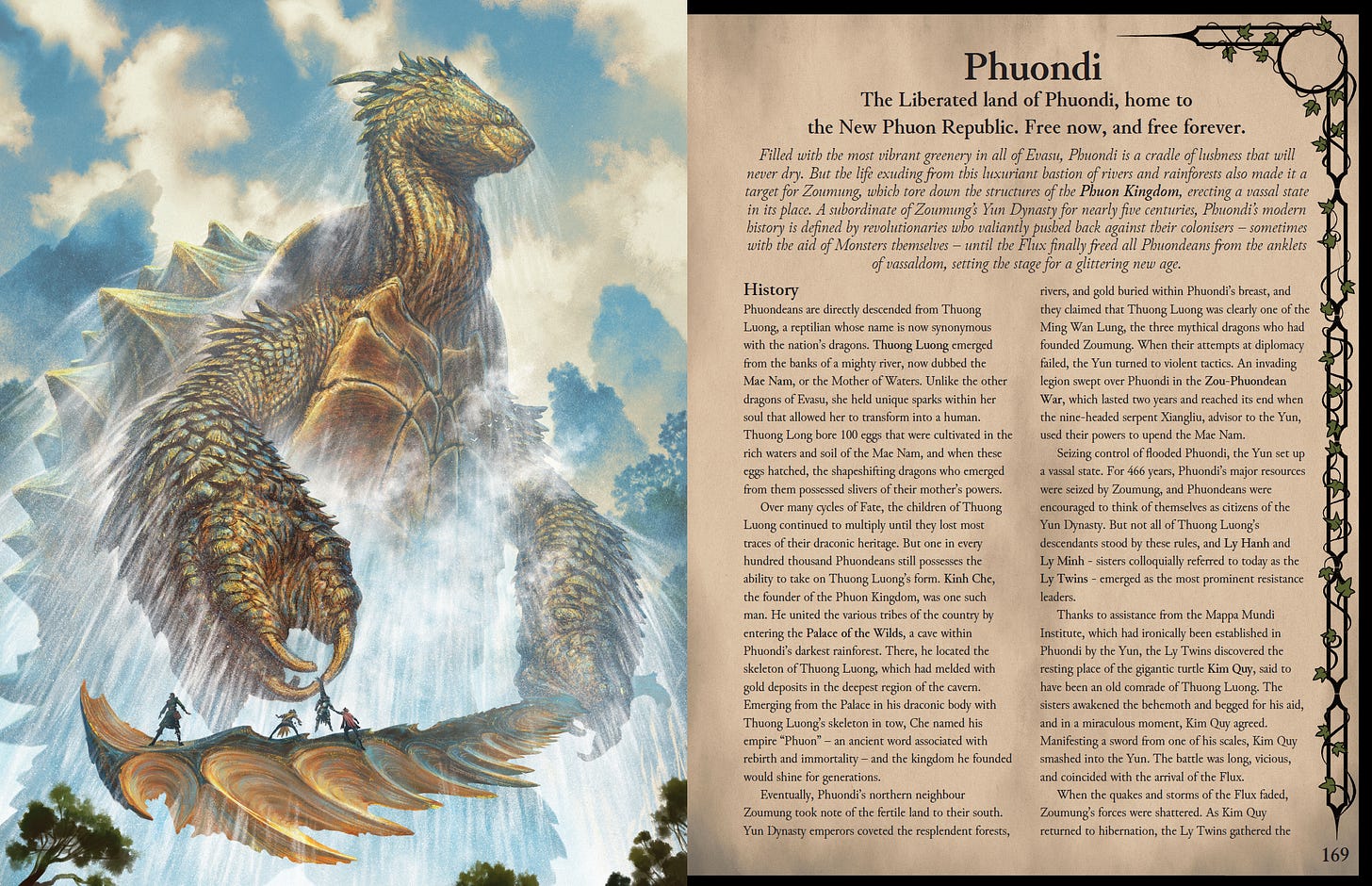 A spread from the ttrpg Mappa Mundi. On the left is a giant amphibious creature, with four people climbing one of it's limbs. On the right is a description of a fantasy culture set in the world of Mappa Mundi.