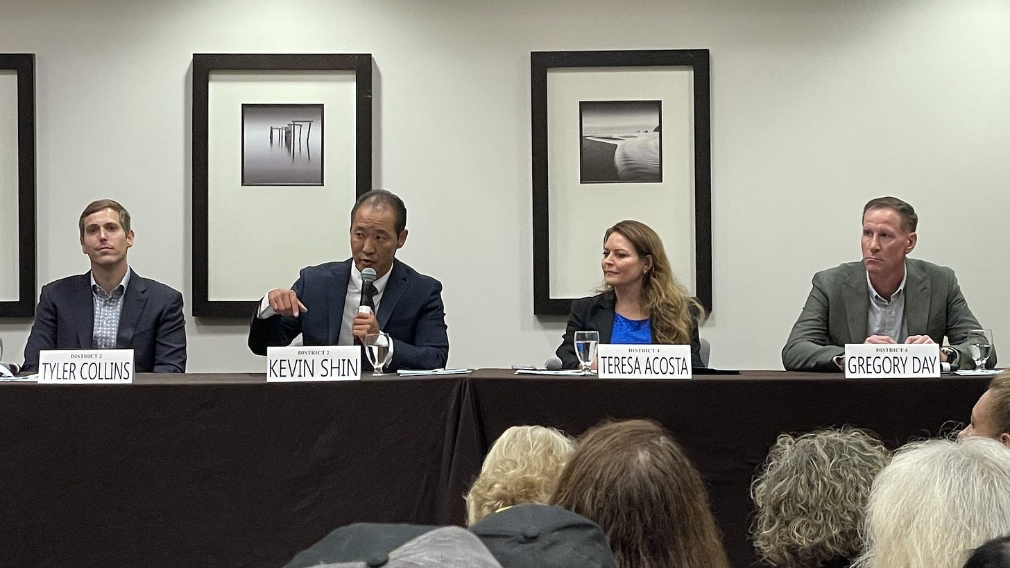 From left are Carlsbad City Council District 2 candidates Tyler Collins and Kevin Shin and D4 incumbent Teresa Acosta and challenger Greg Day. The four participated in a candidate’s forum on Thursday at The Westin Carlsbad Resort & Spa. Steve Puterski photo