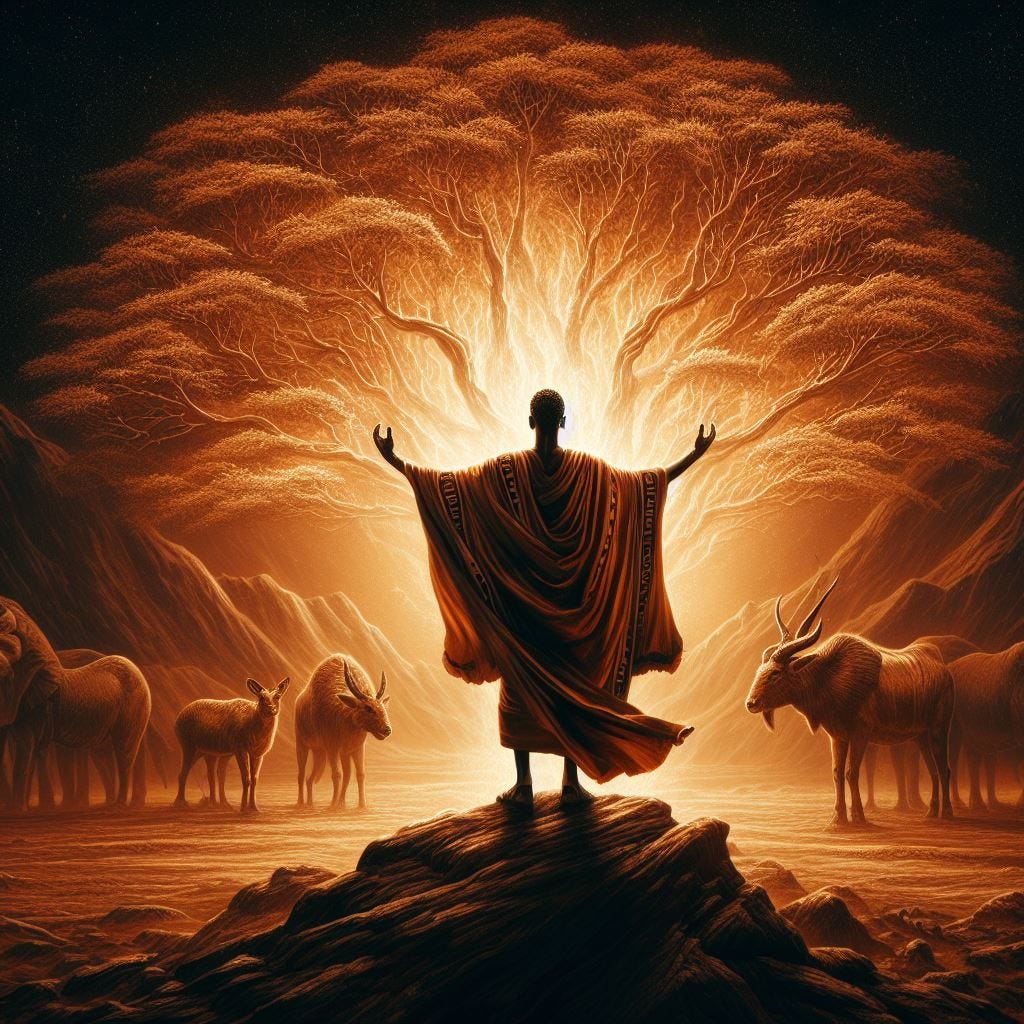 African Moses facing the burning bush