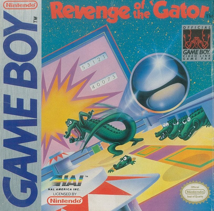 A scan of the North American box art for HAL's Revenge of the 'Gator, featuring an alligator slapping a pinball back in the direction of the player. There's a rolling score screen in the background, and it's all made to look like it's all actually happening on a pinball table featuring live gators.
