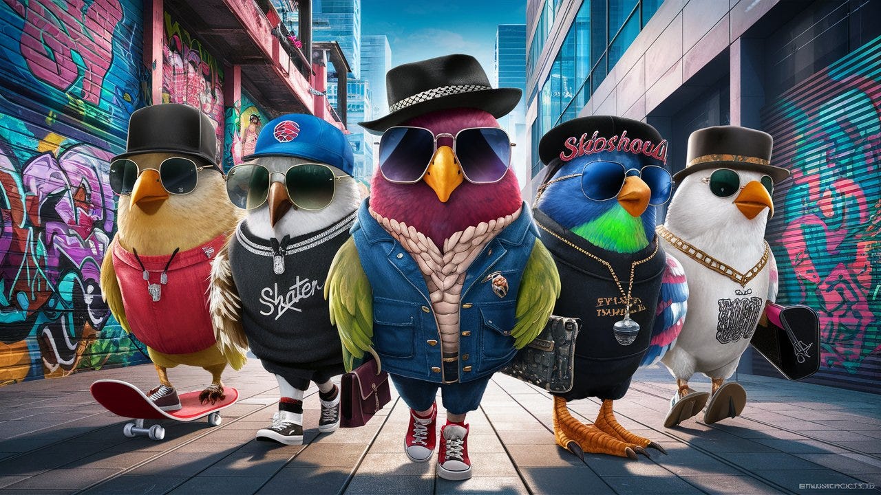 A stunning digital art piece featuring a group of hip, trendy birds. The birds are dressed in stylish outfits, sporting sunglasses, fashionable hats,  and carrying trendy accessories. Each bird has its own unique personality, from the cool skater bird to the chic avian fashionista. The background is a vibrant urban cityscape with graffiti-covered walls and modern architecture, creating a perfect blend of nature and city life. The overall atmosphere is lively and energetic, celebrating the fusion of bird and human culture.