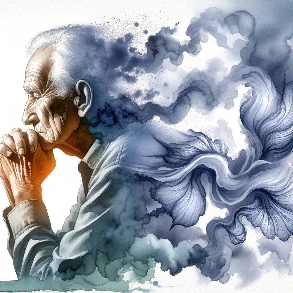 Watercolor artwork depicting an elderly person deep in thought. As we move rightwards in the scene, the figure begins to fade, turning into ethereal smoke tendrils, symbolizing the transient nature of life amidst environmental challenges.