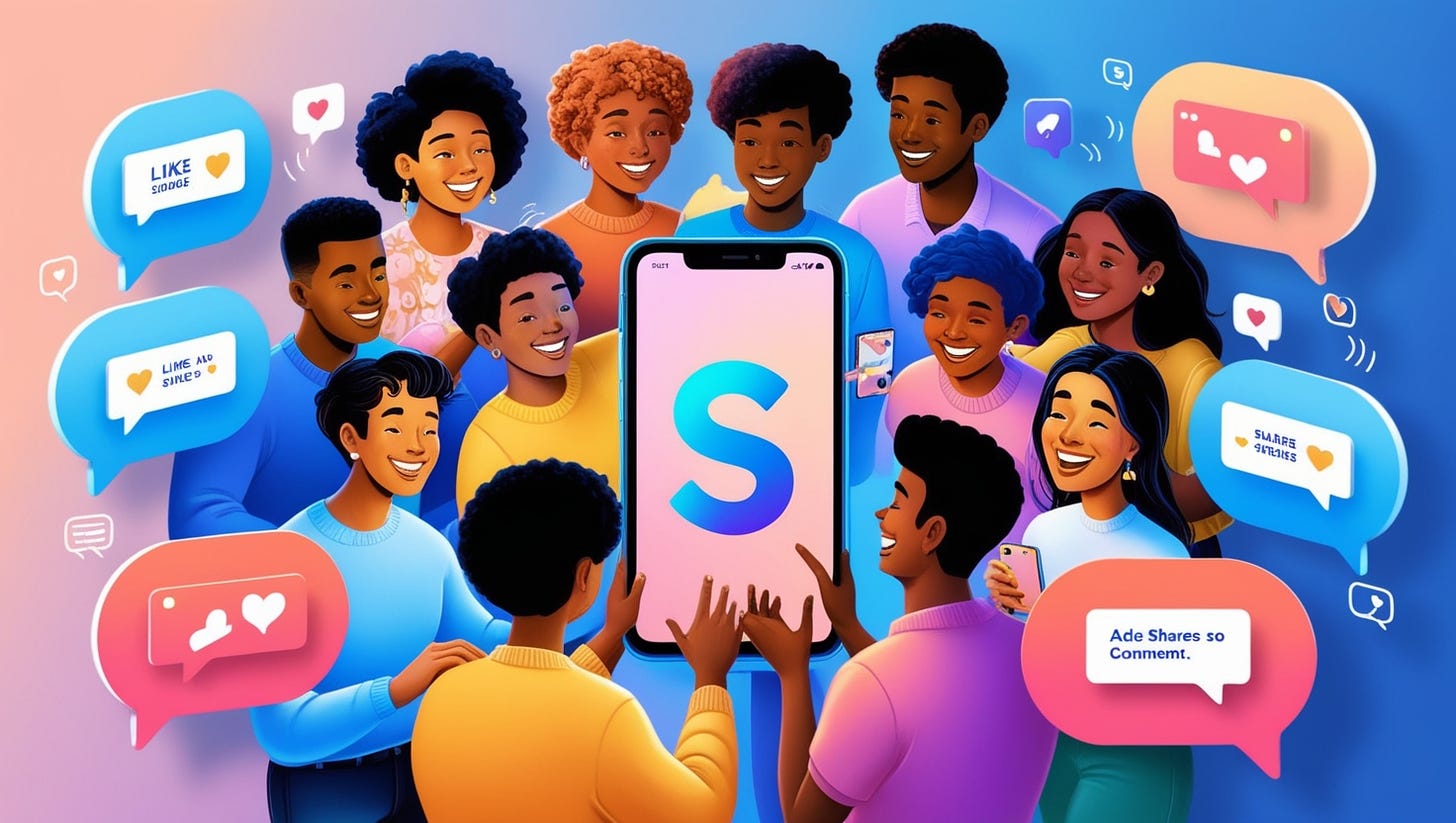 A vibrant and modern digital illustration of a social media advertisement, set against a bright blue background with a subtle gradient effect, depicting a diverse group of young adults from different ethnicities and genders gathered around a large, sleek smartphone, their eyes fixed on the screen as they engage with various social media platforms, their facial features illuminated by the soft glow of the device, with one person having a bright smile, another with a thoughtful expression, and another laughing, showcasing a range of emotions, the group surrounded by overlapping speech bubbles and notification icons in bold, pastel colors, with a few strategically placed likes, shares, and comments in a clean, sans-serif font, adding a touch of playfulness to the overall design, the composition balanced and arranged to guide the viewer's attention to the center of the image, where the social media app's logo, a stylized letter "S" in a circle, takes center stage in a bold, electric blue color, with a subtle shadow effect to give it a sense of depth.