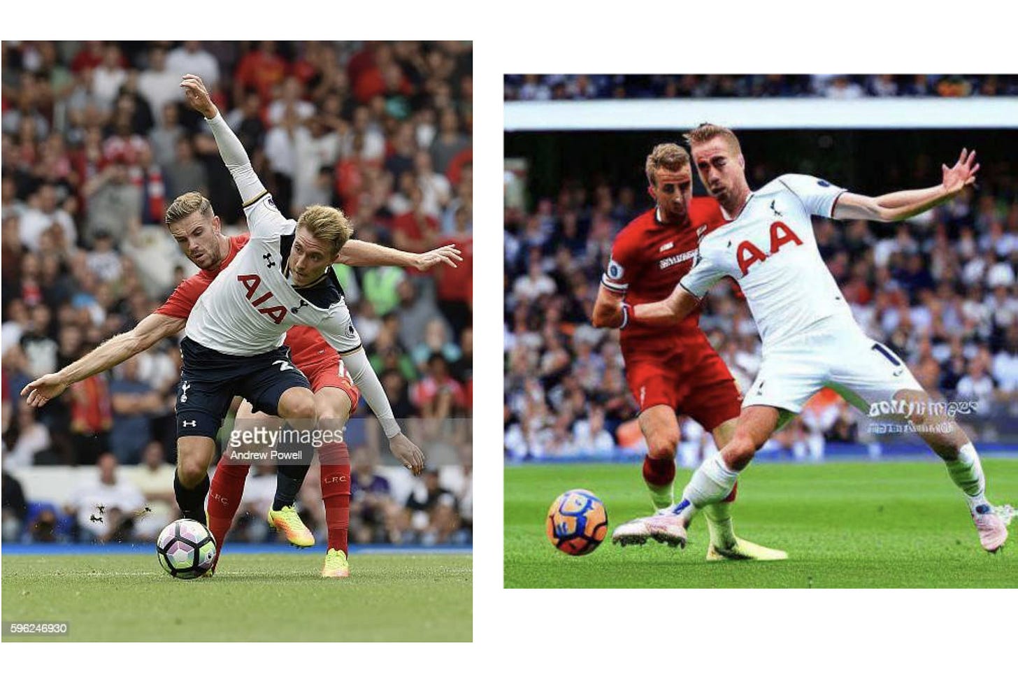 Two side by side images show soccer players fighting for a ball. The left is a real photograph but the right is an AI-generated version, with distortion of the players’ bodies and faces. 