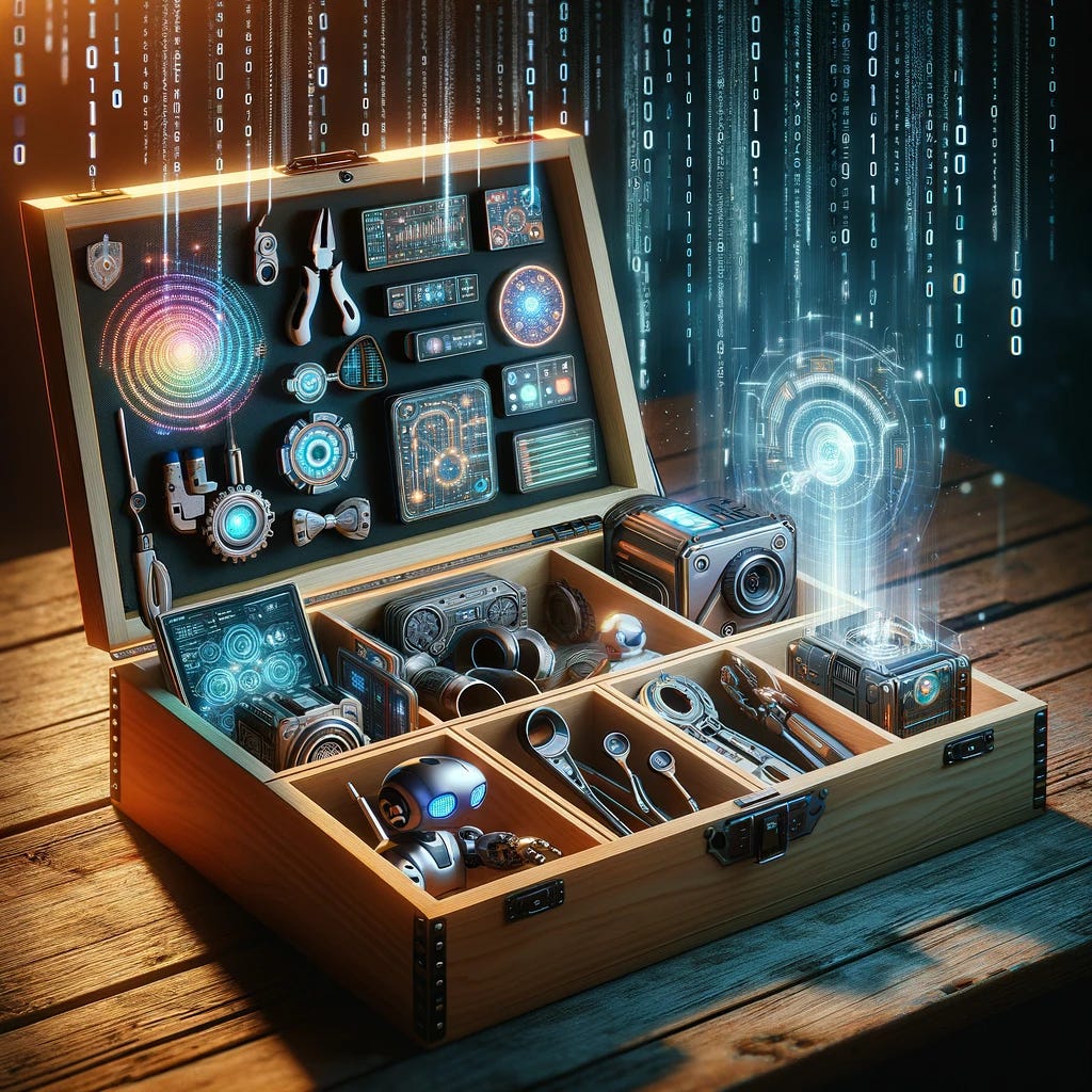 Imagine a wooden toolbox open on a workbench, each compartment filled with various futuristic gadgets and devices, symbolizing different artificial intelligence tools. These tools range from a holographic projector displaying complex algorithms, to a miniature robot analyzing data, to a pair of augmented reality glasses showing data analytics. Each tool is meticulously designed to represent its function in the world of AI, such as machine learning, data processing, and neural network visualization. The background features a digital landscape with binary code raining down, and the toolbox itself has a sleek, modern design with glowing edges to highlight its advanced nature.