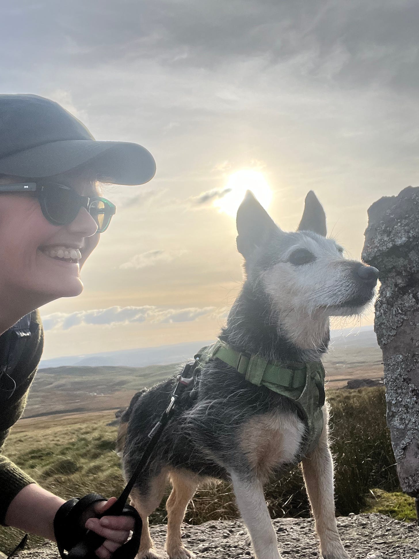 Katie the human and Jack the dog on top of a mountain, gazing into the distance with the sun behind them