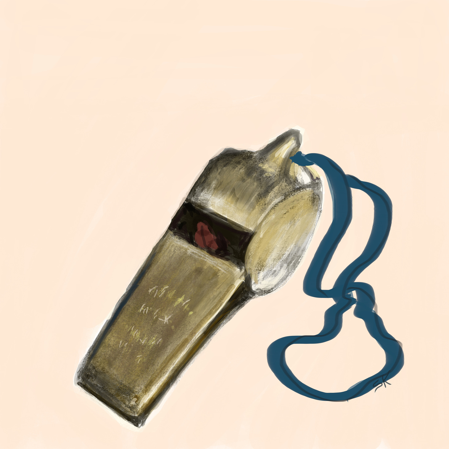 Sherry Killam's metal whistle on a blue string.