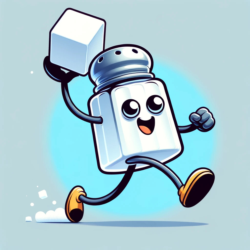 A cartoon-style table salt shaker happily walking with two very long, skinny legs, carrying a cube above its head. The salt shaker should have a cheerful face with big, expressive eyes and a wide smile. The legs should be exaggeratedly long and in a dynamic walking pose, with the arms extended upwards holding the cube. The background should be simple and colorful, with a playful and lighthearted feel to the image.