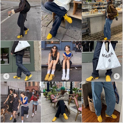 A photo collage of influencers wearing yellow Onitsuka Tiger Mexico 66 sneakers.