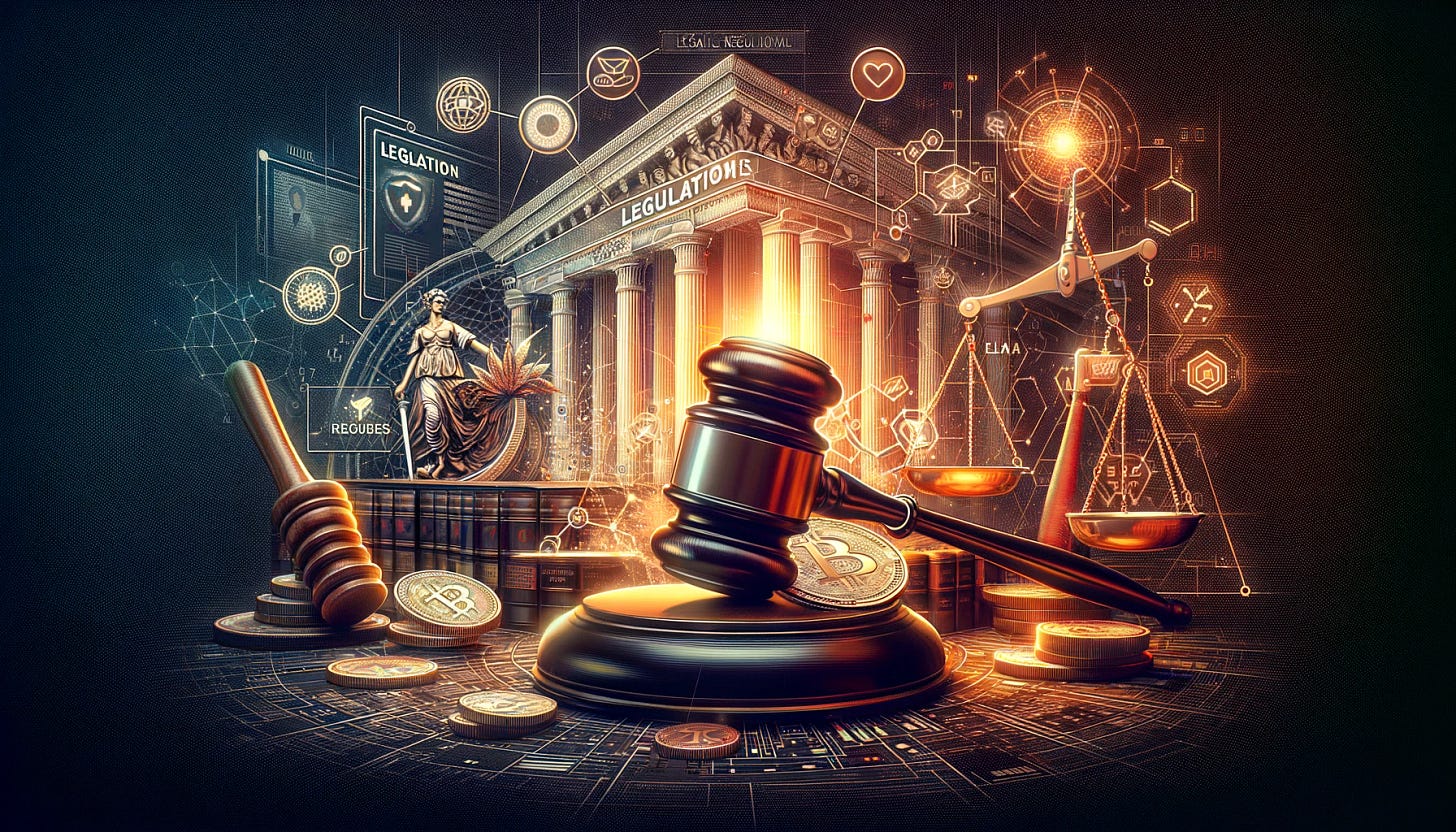 Create an image in the style of a movie poster that captures the essence of the 'Legal and Regulatory' section, focusing on the dynamic world of tokenization and its intersection with legal frameworks. The design should feature symbolic elements of law, such as gavels, scales of justice, alongside digital tokens, blockchain networks, and representations of real-world assets being tokenized. The imagery should suggest a narrative of innovation meeting regulation, with a backdrop that combines the digital and legal world in a visually compelling way. This movie poster should intrigue and inform viewers about the transformative journey of tokenization as it navigates through regulatory landscapes, highlighting the pivotal role of legal developments in shaping the future of digital assets. The image should be in a 16:9 format, making it perfect for inclusion in a newsletter or presentation.
