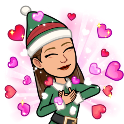 Bitmoji of the author in an elf costume, with a gazillion hearts skyrocketing out from her ribcage.