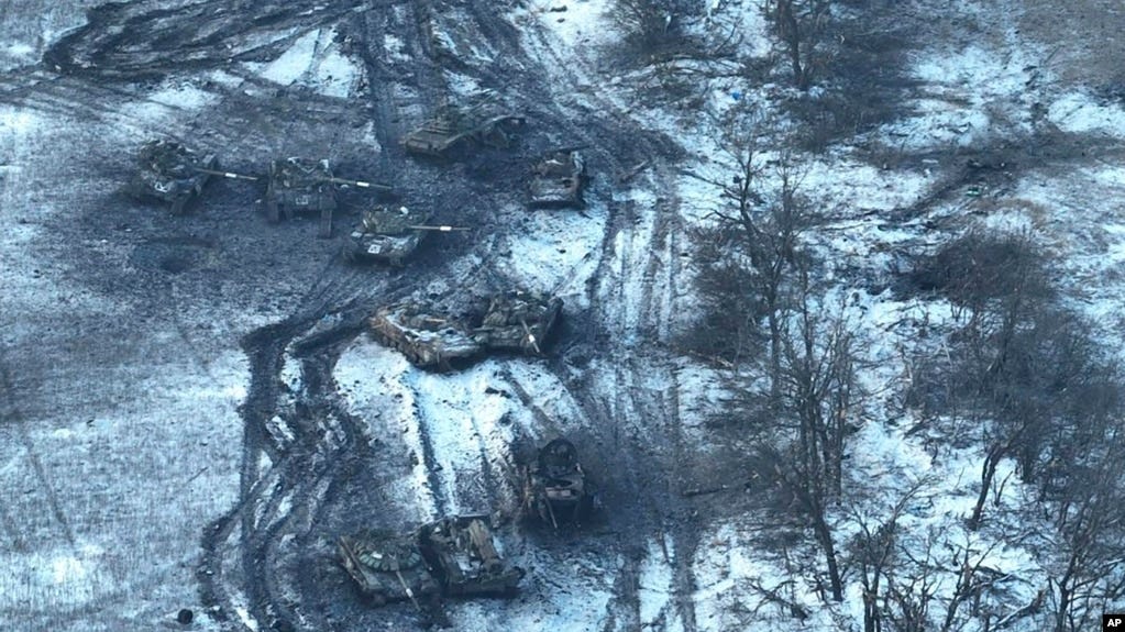 In an image supplied by the Ukrainian military, damaged Russian tanks are seen in a field after attempting to attack Vuhledar earlier this month.