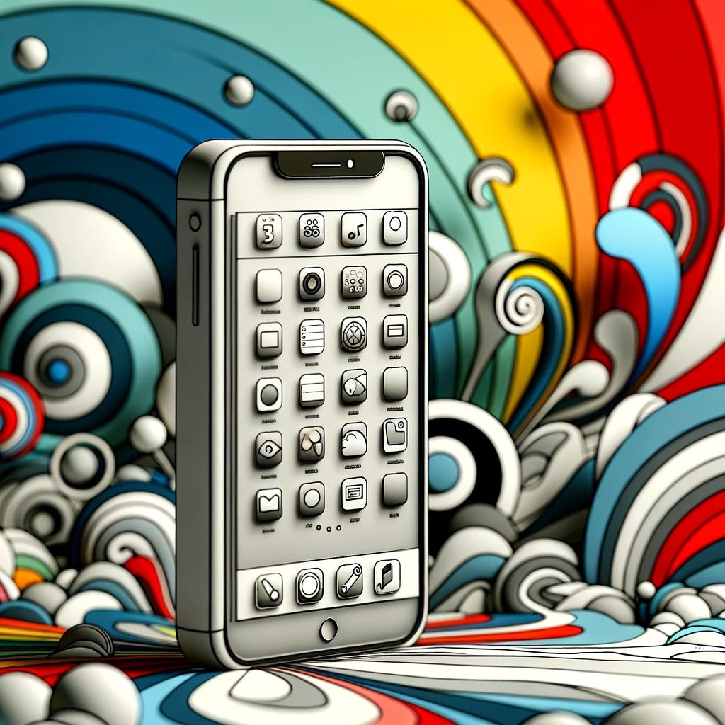 An animated-style illustration of a phone, closely resembling an iPhone, displayed in greyscale with visible apps on its screen. The phone is centered in the image, ensuring the apps are clear and detailed. The background where the phone sits is vibrant and colorful, providing a stark contrast to the greyscale phone. The background should be abstract, filled with swirly patterns or geometric shapes, using a palette of bright reds, blues, greens, and yellows to create a lively atmosphere around the monochromatic phone.