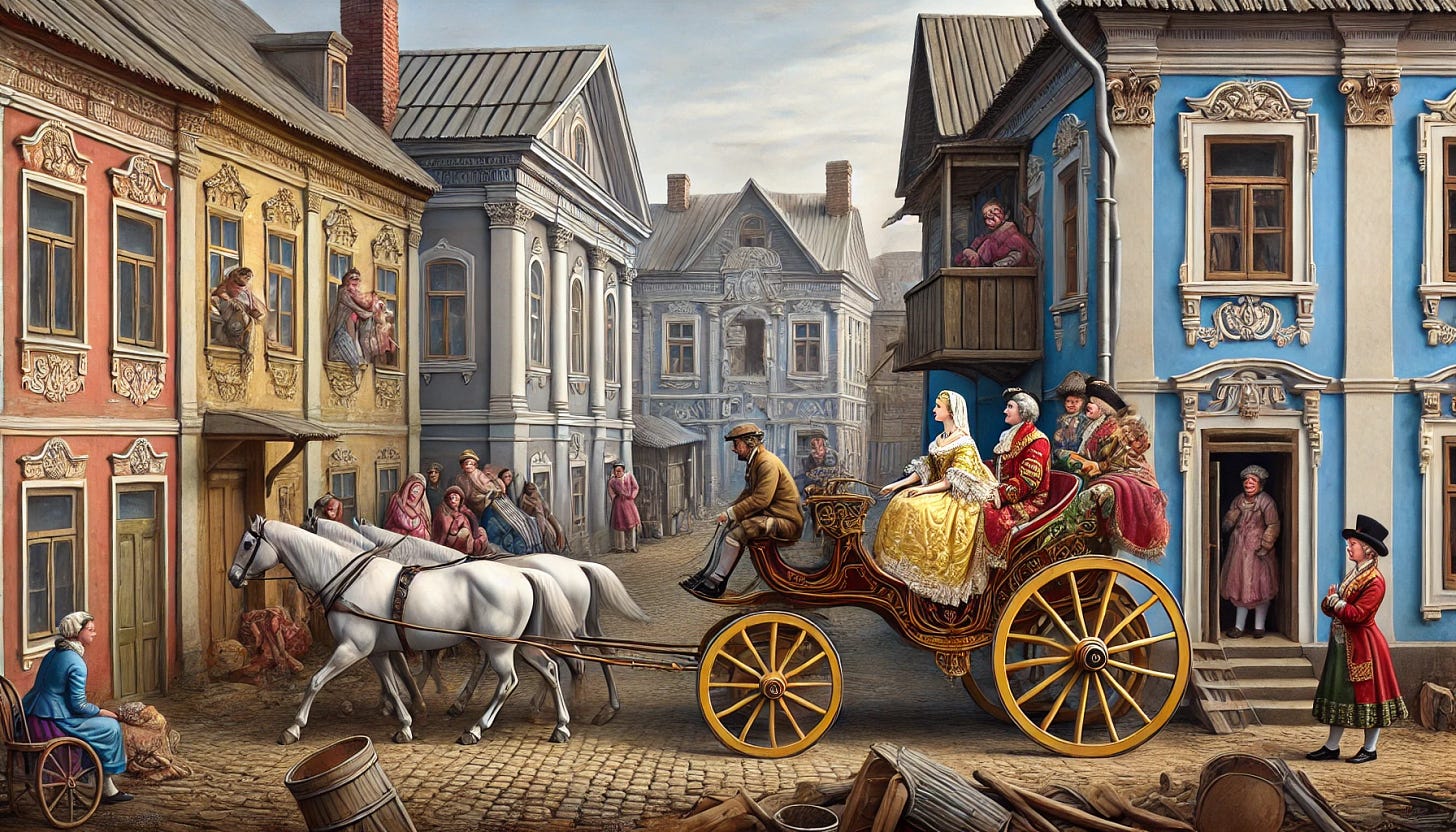 A realistic 18th-century depiction of Russian Queen Catherine the Great riding in an open carriage through a village in Russia. The scene shows painted facades of elegant buildings in a 'Potemkin village' style, with Queen Catherine admiring the false beauty of wealth and prosperity. Behind the facades, run-down sheds, houses, and signs of poverty are subtly visible. The image captures the contrast between the illusion of grandeur and the hidden reality, with the Queen dressed in regal attire, surrounded by attendants, and villagers looking on.