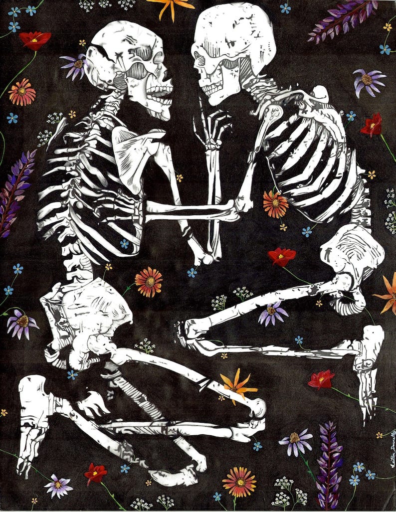 May include: Two skeletons are embracing in a romantic pose, surrounded by colorful flowers on a black background. The skeletons are drawn in white and have detailed bones. The flowers are in various shades of red, pink, blue, yellow, orange, and purple.