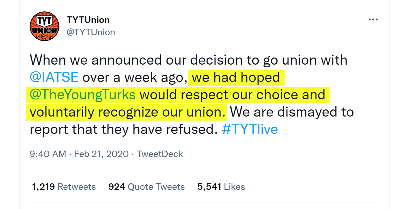 Tweet from TYT Union with highlighted yellow text "we had hoped The Young Turks would respect our choice and voluntarily recognize our union."