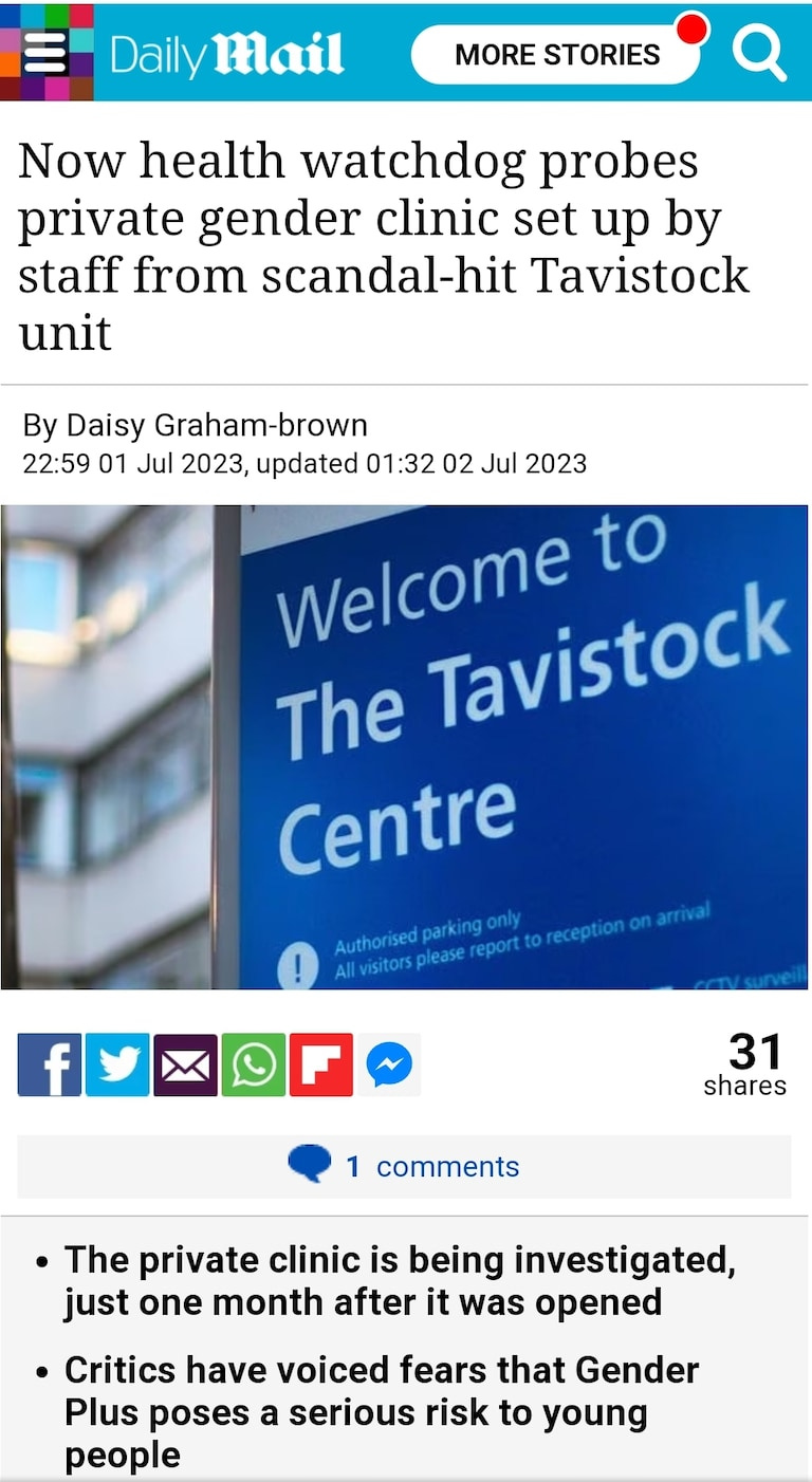Now health watchdog probes private gender clinic set up by staff from scandal-hit Tavistock unit
https://www.dailymail.co.uk/news/article-12254933/Now-heal