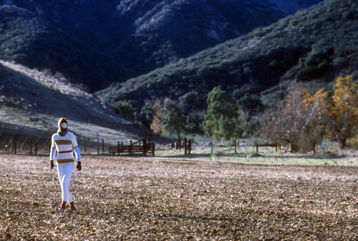 A masked, white-clad figure walks through a barren field in Todd Haynes' "Safe" (1995)