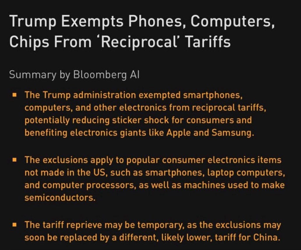 vincent on X: "President Trump exempts smartphones, computers, and chips  from new tariffs. https://t.co/lxhjmrJN8t" / X