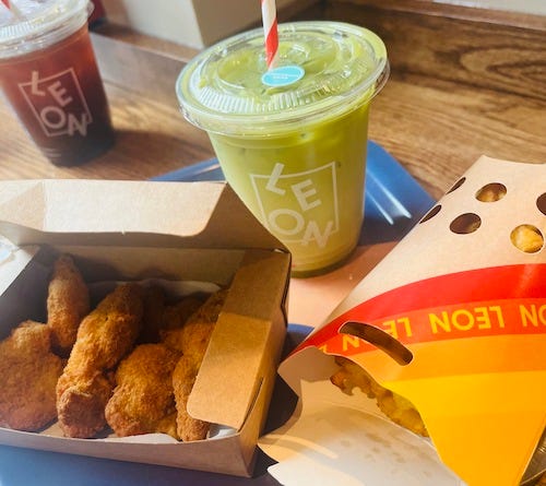 chicken fingers, fries, matcha latte - leon london