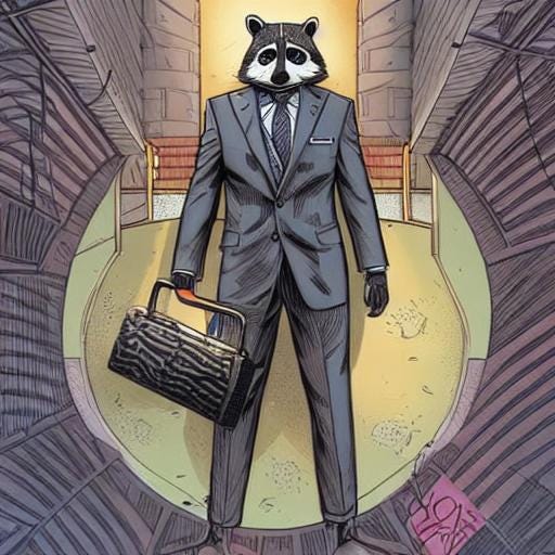 A raccoon with a human body is wearing a suit and holding a briefcase