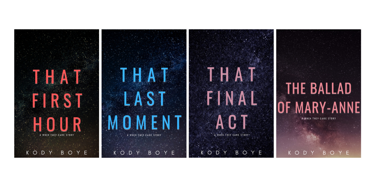The covers for THAT FIRST HOUR, THAT LAST MOMENT, THAT FINAL ACT and THE BALLAD OF MARY-ANNE, featured on space backgrounds