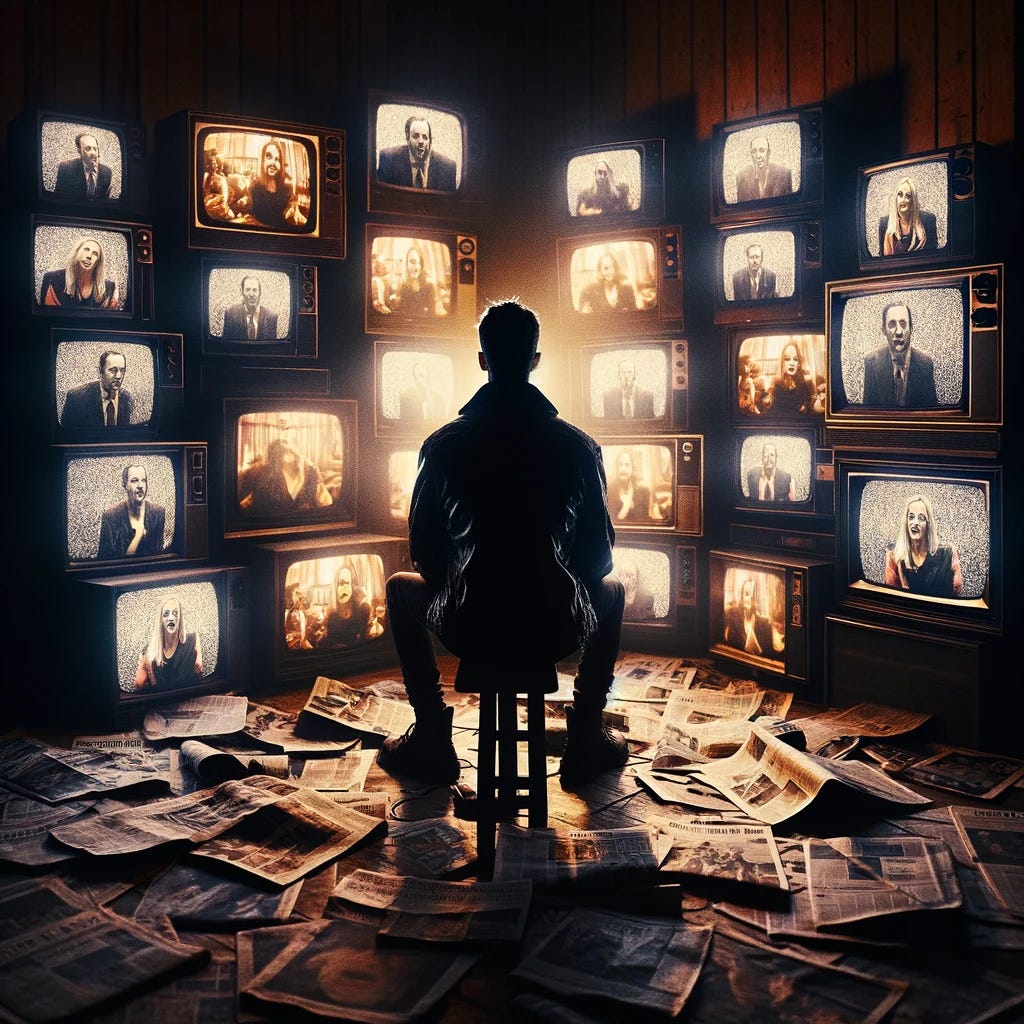 A solitary figure sits in a dimly lit room, surrounded by outdated television sets flickering with scenes from old sitcoms. Newspapers are scattered around, creating a chaotic landscape of forgotten stories. The glow of the screens casts eerie shadows on the person's face, highlighting a look of dawning realization and isolation. The room feels both cluttered and empty, mirroring the person's sense of disconnect from the world outside. This image captures the poignant moment of recognition as the individual confronts their solitude amidst the media-induced atomization.