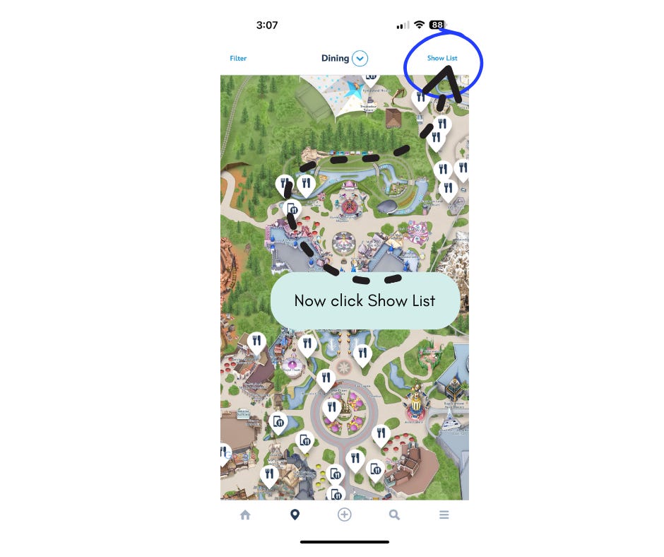 Disneyland app dining map view