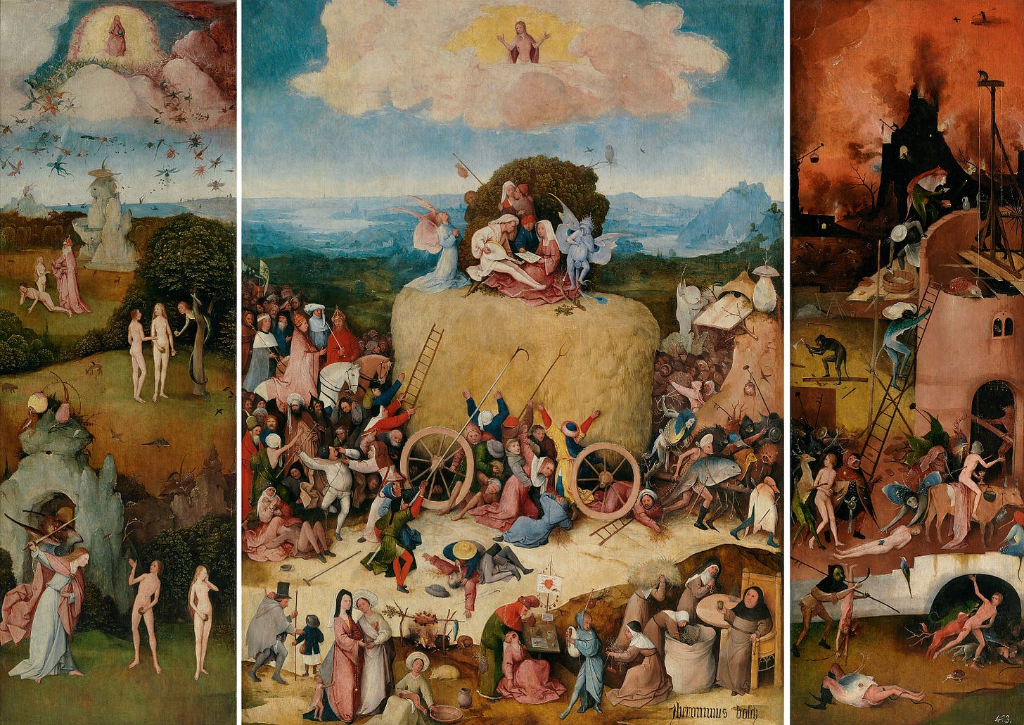 A tryptich by Jheronimus Bosch, three panels depicting various biblical stories