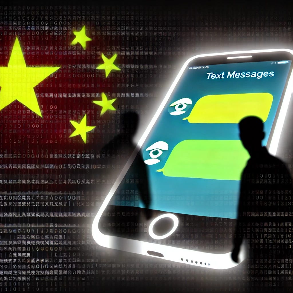 A high-impact image of a glowing smartphone with shadowy figures and surveillance icons in the background. The phone's screen shows intercepted text messages, with a subtle Chinese flag watermark blending into the visual, creating a tense atmosphere.