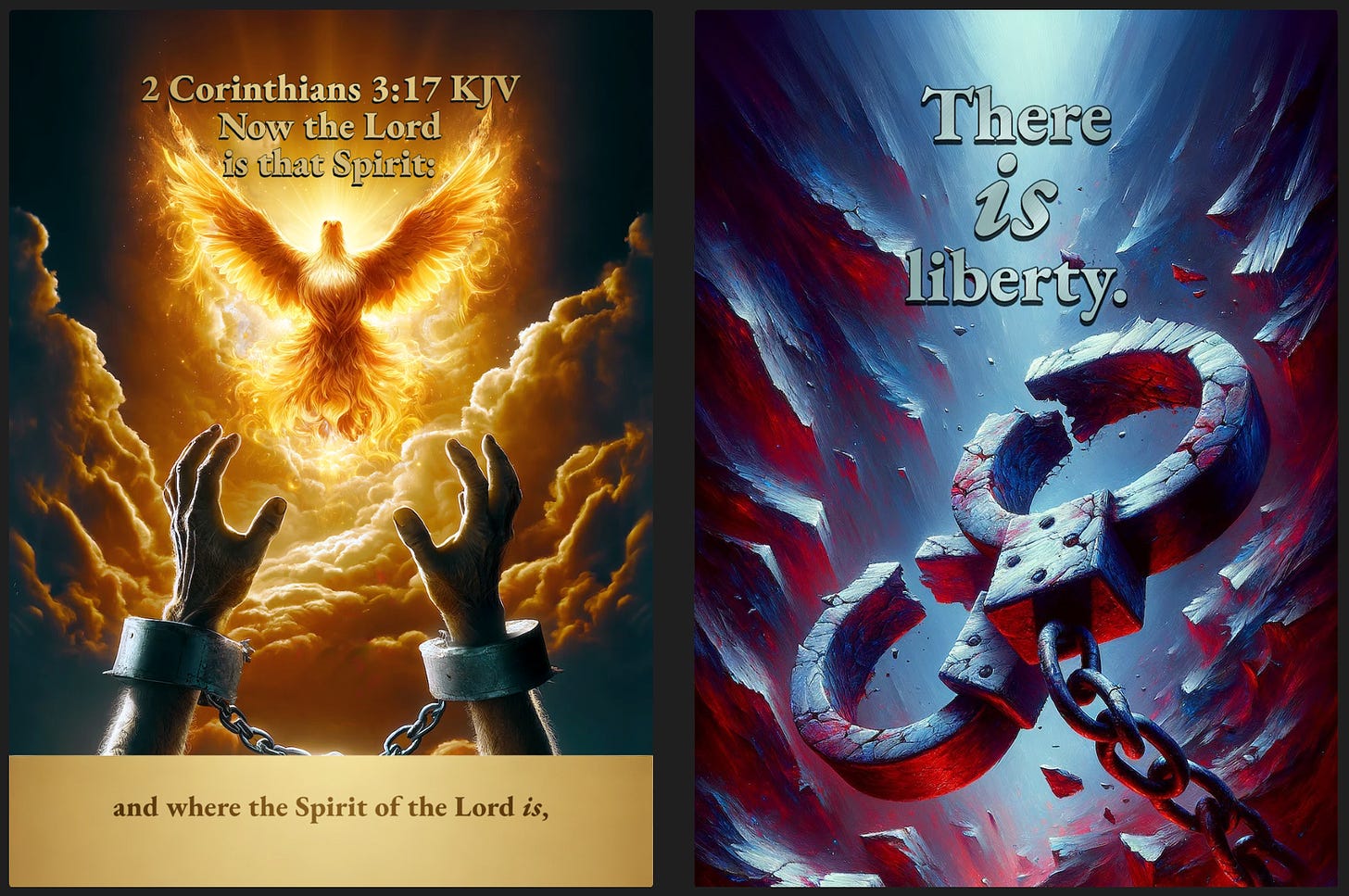 The image is divided into two sections. The left side features a fiery dove, symbolizing the Holy Spirit, rising from a cloud-filled background, with shackled hands reaching towards it, accompanied by the Bible verse 2 Corinthians 3:17 KJV. The text reads, "Now the Lord is that Spirit: and where the Spirit of the Lord is, there is liberty." The right side depicts a pair of broken shackles against a dynamic, abstract background with the words "There is liberty," emphasizing the theme of liberation and freedom through the Spirit of the Lord.