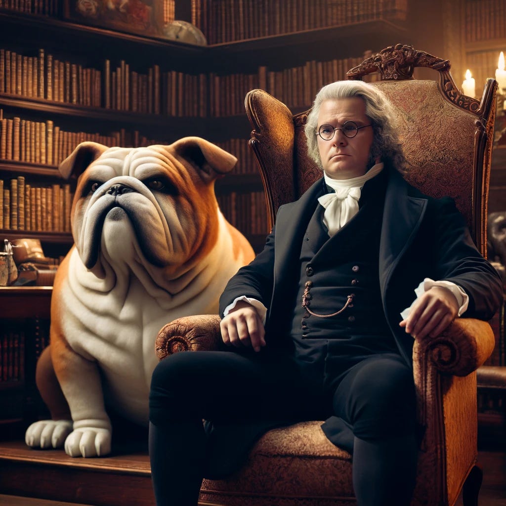 A historical scene depicting Jeremy Bentham, an 18th-century philosopher, sitting in a classic, ornate armchair in a library setting. He has a stern, thoughtful expression, wearing a black suit with a white shirt and a cravat. Next to him, a large, intimidating Bulldog with a stocky build, wearing round glasses, sits looking serious. The room is filled with books and a dim, warm light illuminates the setting, creating a thoughtful atmosphere.