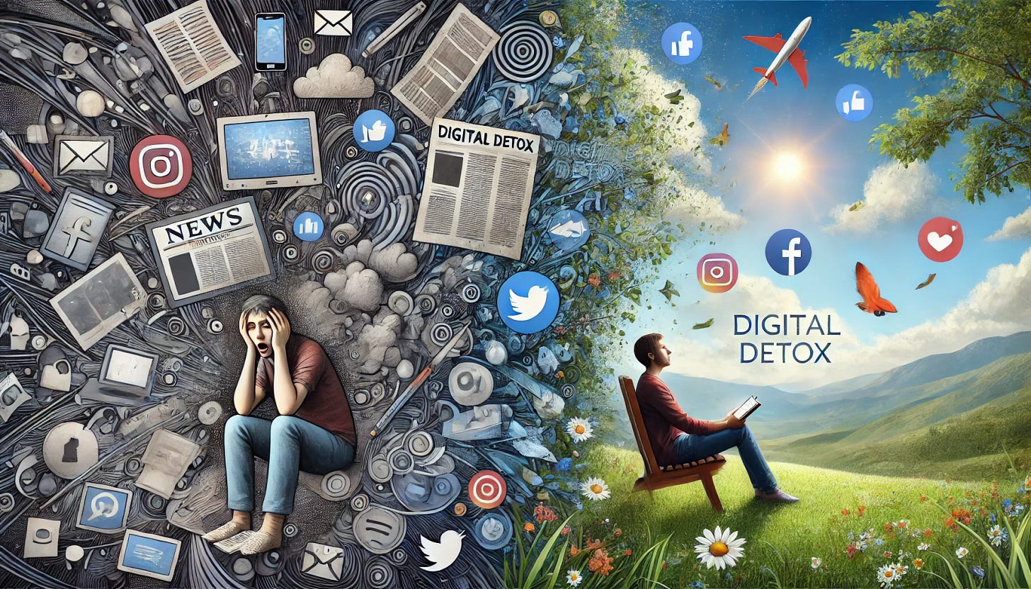 A 16:9 image with a split theme: on one side, a person overwhelmed by digital information, represented by a chaotic swirl of news headlines, phone notifications, and social media icons. On the other side, a calming scene symbolizing digital detox – a serene landscape with a person relaxing outdoors, holding a book and away from any screens. No text overlay.