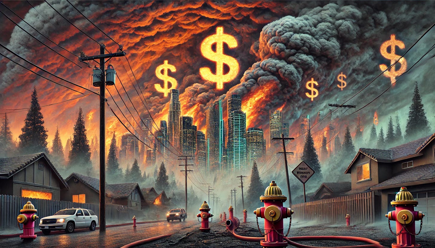 A surreal and dramatic illustration of a California wildfire consuming a suburban neighborhood, with hidden symbolic elements. In the foreground, charred power lines hang loosely, and fire hydrants appear neglected or broken. In the background, futuristic skyscrapers loom with bright neon lights, symbolizing redevelopment plans. The sky is filled with ominous smoke clouds shaped subtly like dollar signs, representing greed. The scene is both chaotic and haunting, with a mix of natural disaster and man-made intervention. The color palette features intense oranges, reds, and dark grays, contrasted with the futuristic glow of the distant city.