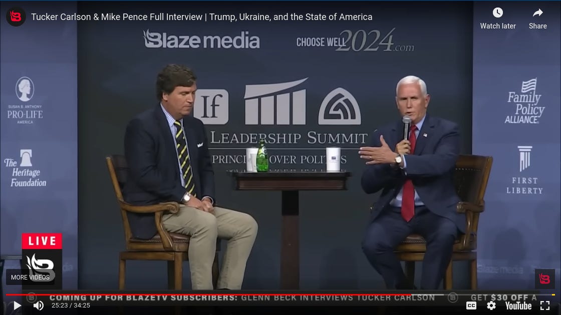 screen capture of Tucker interview with Mike Pence