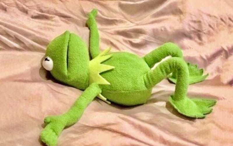 Image of Kermit the Frog lying on his back.