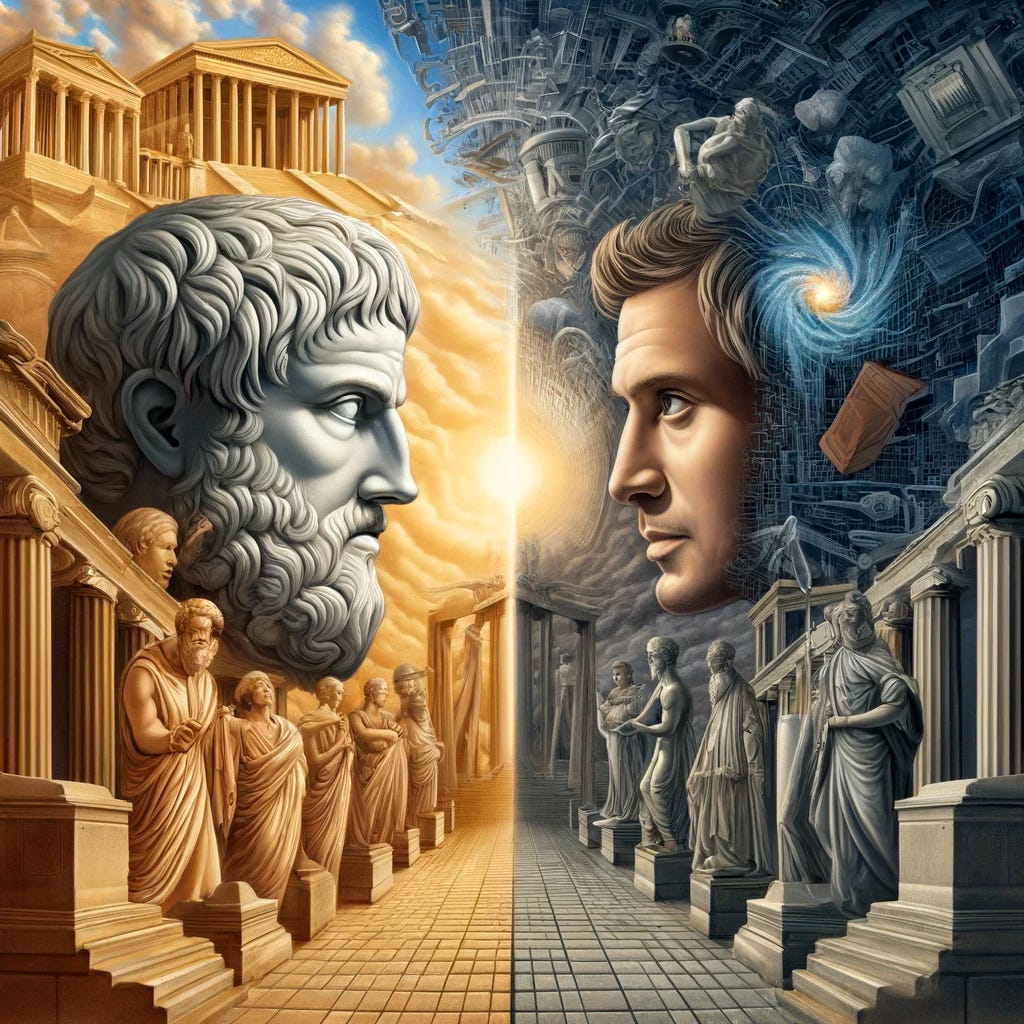 A conceptual artwork illustrating the philosophical debate between Aristotle and Jean-Paul Sartre on human essence. The image should depict two contrasting figures representing Aristotle and Sartre in a surreal, abstract environment. Aristotle is portrayed in classical Greek attire, with a thoughtful, composed demeanor, while Sartre is shown in modern clothing, with a more existential, introspective expression. The background splits into two distinct halves: one side features orderly ancient Greek architecture, symbolizing Aristotle's belief in predetermined human essence, and the other side displays a chaotic, modern urban landscape, representing Sartre's view of existence preceding essence. The style should be detailed and visually striking, blending elements of classical and modern art.