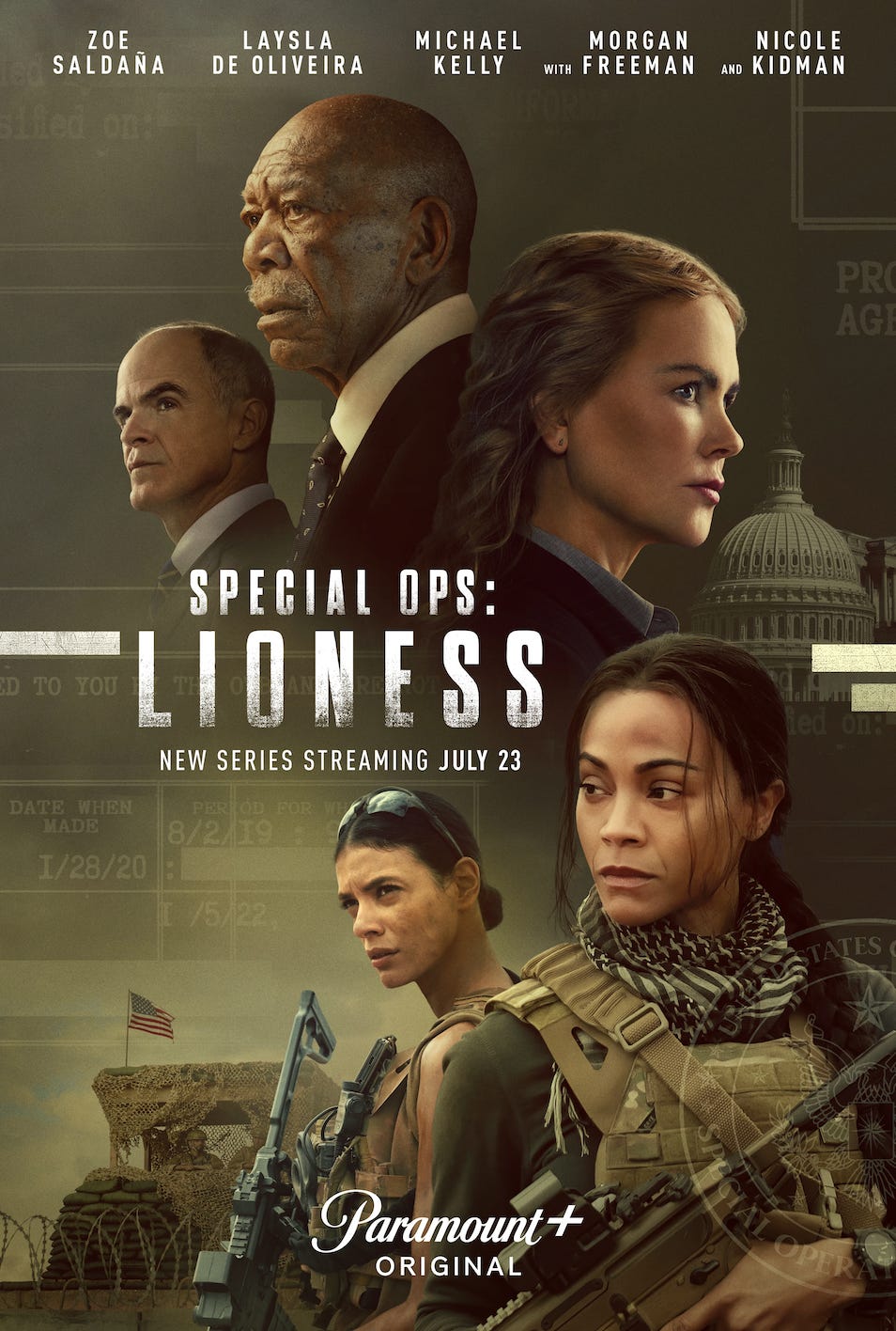 The poster for Special Ops Lioness. It features Zoe Saldaña and Laysla de Oliveira wearing US military gear, and Morgan Freeman, Michael Kelley, and Nicole Kidman wearing suits. 