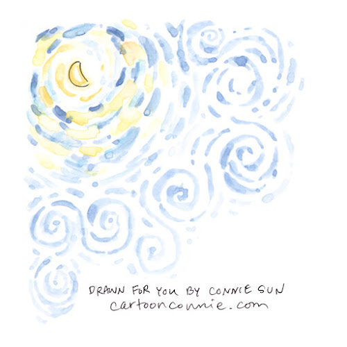 Whatever Happens, 2025, crop Watercolor illustration of a waning crescent moon and night sky of swirling brush strokes. Cropped from "Whatever Happens." Ink and watercolor on paper. Original artwork by Connie Sun, cartoonconnie, 2025. Text reads, "Drawn for you by Connie Sun / cartoonconnie.com