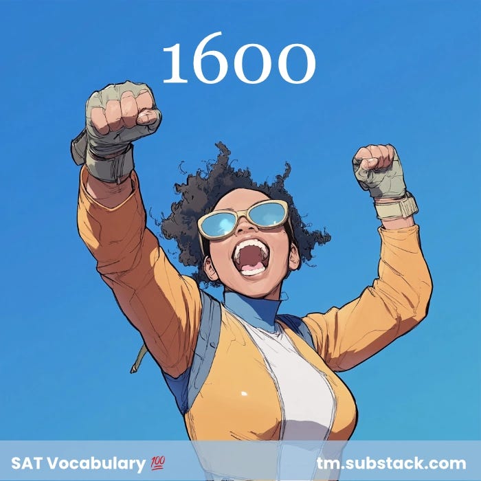 Female superhero with fists raised in joyous victory. The number 1600, the maximum score on the SAT, appears nears the top.