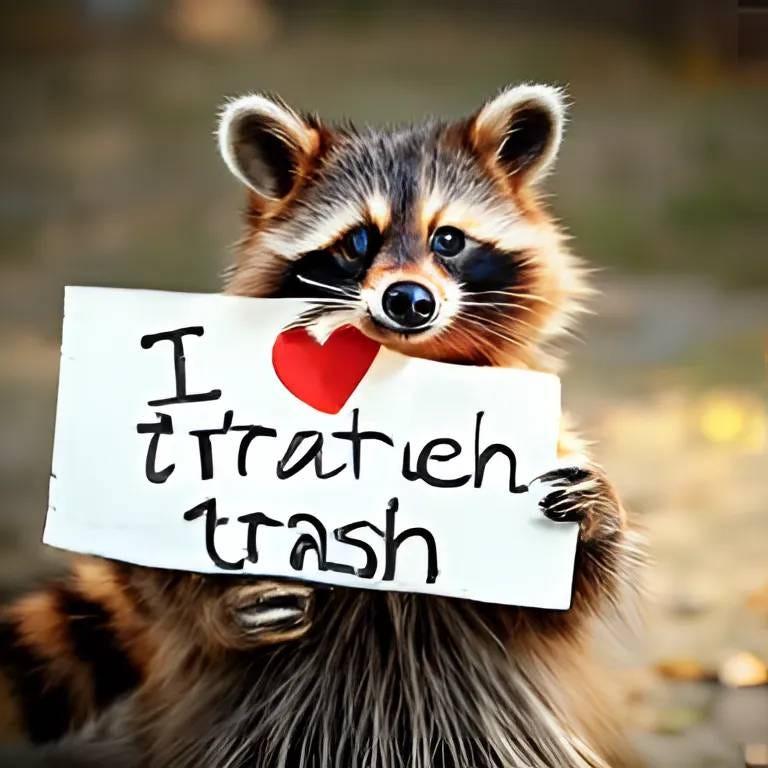 I cute raccoon is holding a sign which says the word I, then a red heart, then a garbled word like tratieh, then a less garbled wrd trash