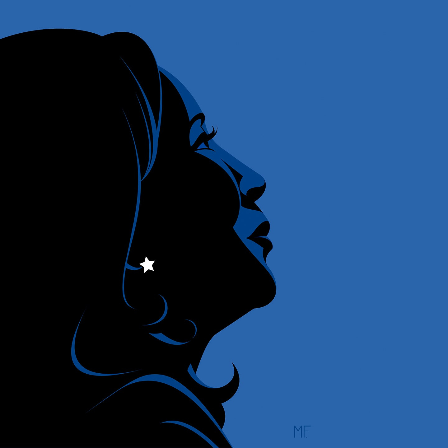 An monochrome illustration of Kamala Harris in profile on top of a blue background. Shes wearing a starshaped earring.