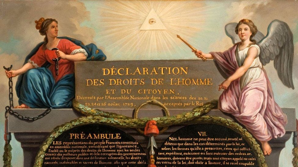 The Eye of Providence appeared at the top of Jean-Jacques-François Le Barbier’s 1789 depiction of The Declaration of the Rights of Man and of the Citizen (Credit: Alamy)