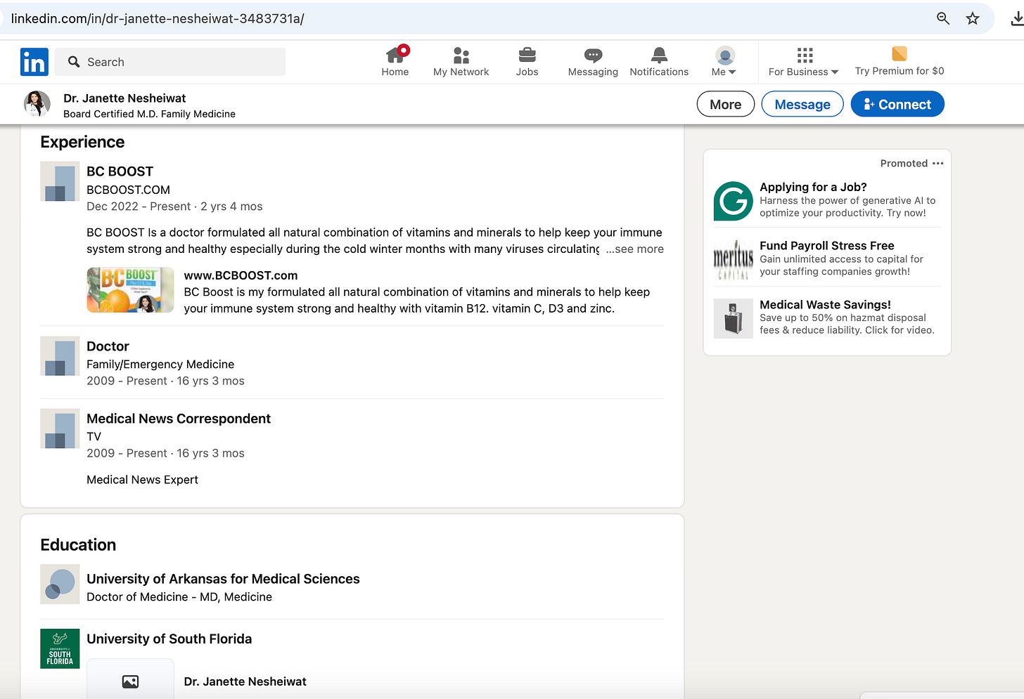 Screenshot of part of Nesheiwat's verified LinkedIn profile, where, under "Education," she claims to have earned a "Doctor of Medicine - MD, Medicine" from the University of Arkansas for Medical Sciences