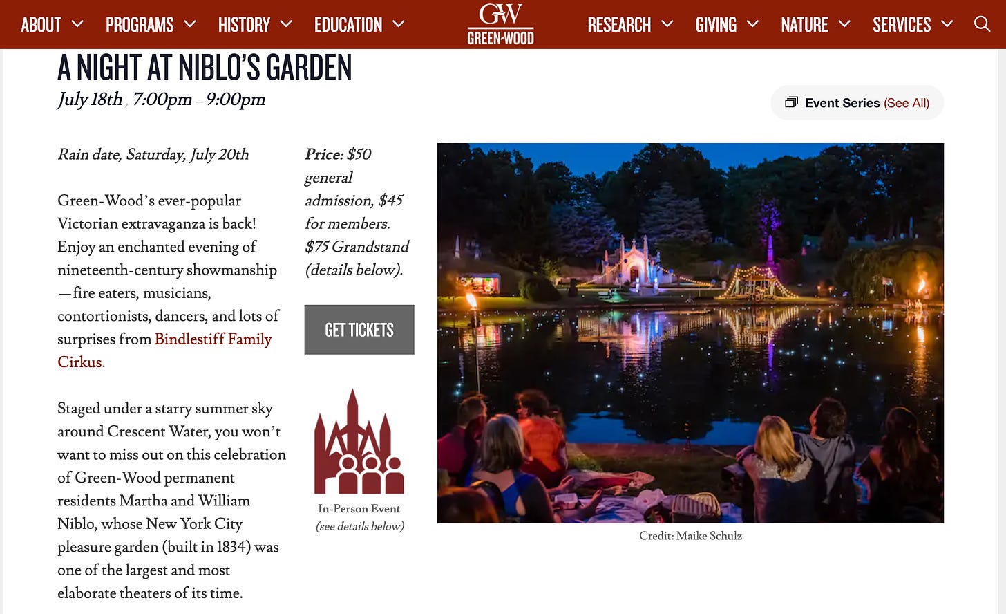 A screenshot from the Green-Wood Cemetary website advertising an event on July 18th called A Night At Niblo's Garden. It promises performers and acrobats from the Bindlestiff Family Cirkus and the Crescent Water lake.