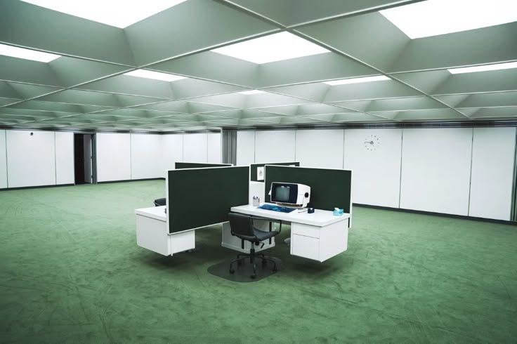 This may contain: an empty room with two desks and a computer monitor on the same desk in it