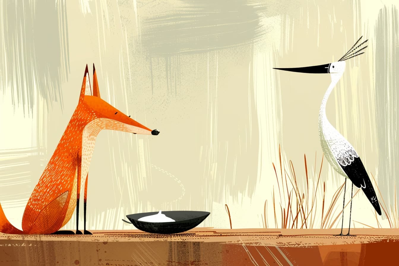 A red fox sits on a rock to the left of a white stork. Between them is a bowl filled with milk.