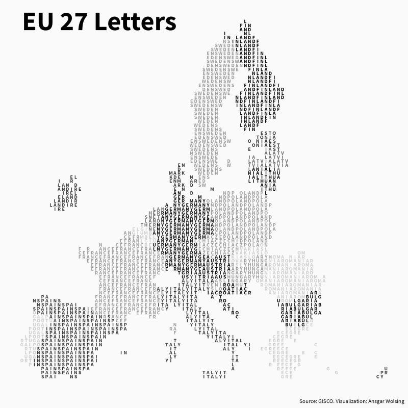 A map of the EU 27 which is made of the letters of the country names. Each country's shape is formed with the country name.