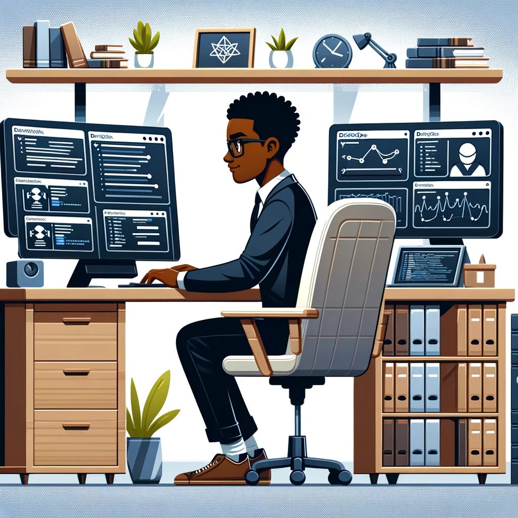 Illustration of a black or brown tech professional, in business casual clothing, developing a DevSecOps workflow in a home office setting. The professional is sitting at a desk with a computer, surrounded by monitors displaying various stages of the DevSecOps workflow. The home office is modern and well-lit, with bookshelves, a plant, and some tech gadgets. The professional is focused and engaged, typing on the keyboard or analyzing data on the screens. The image should convey a sense of professionalism, expertise, and a comfortable, productive home working environment.