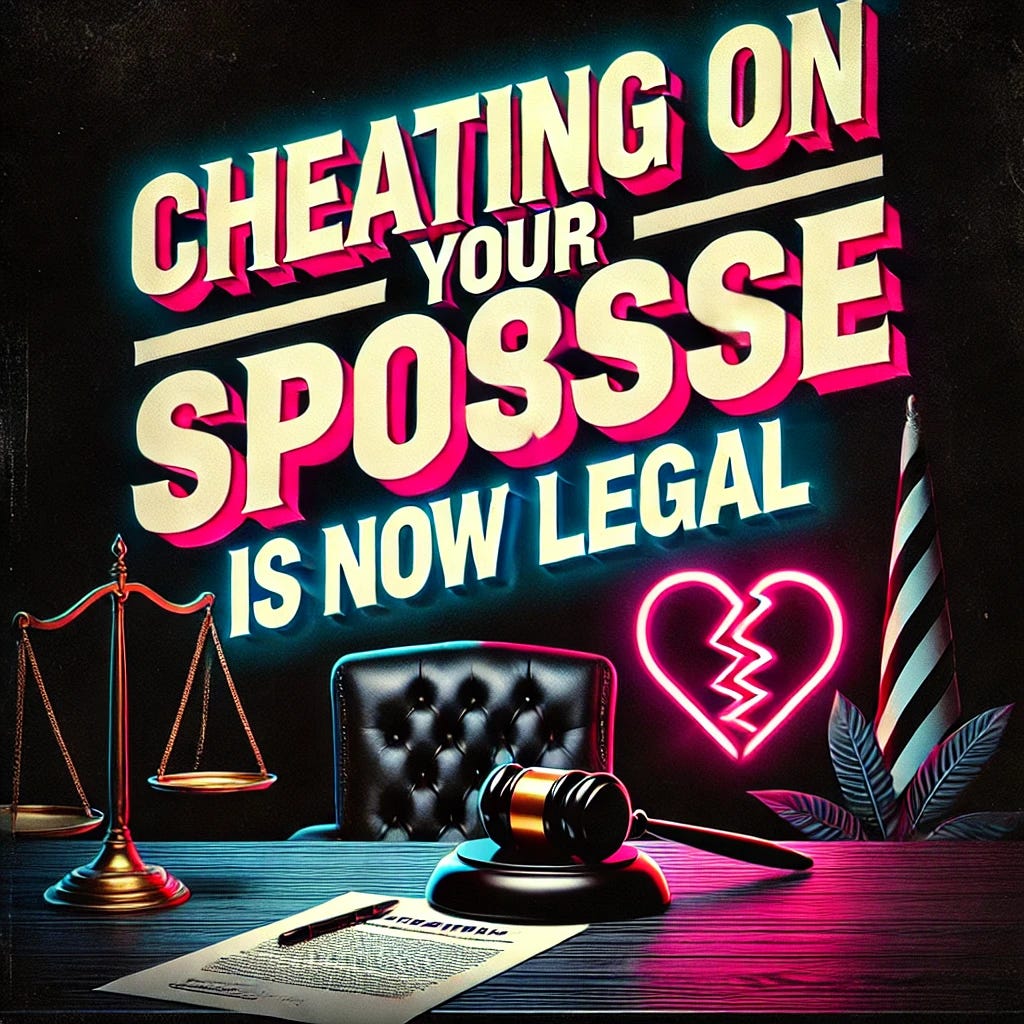 A bold and striking image with the text 'Cheating on your spouse is now LEGAL' in large, dramatic font. The background should feature a courtroom setting with a gavel, a legal document, and a broken heart symbolizing betrayal. Use dark, moody colors with neon accents to highlight the text, creating a controversial and shocking vibe. The overall tone should evoke surprise and curiosity, sparking thoughts on the statement's implications.